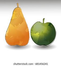 apple and pear vector illustration. stylized apple and pear with grunge painted background texture Organic fruit image. Can be used as logo. Healthy nutrition,  vegetarian food with shadow.