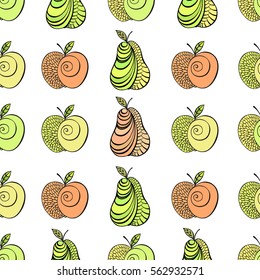 Apple and pear vector seamless pattern. Stylized fruit background. Fresh light vegan illustration.
