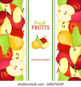Apple pear vertical seamless border. Vector illustration fruit coposition Yellow red and green apples pears fruits whole and slice for packaging design of juice jam breakfast healthy eating detox diet