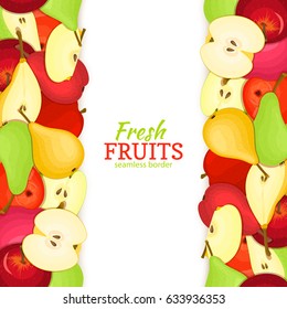 Apple pear vertical seamless border. Vector illustration fruit coposition Yellow red and green apples pears fruits whole and slice for packaging design of juice jam breakfast healthy eating detox diet