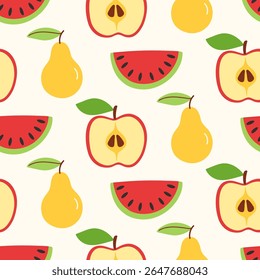 Apple, pear, watermelon cute cartoon fruits seamless pattern background vector illustration. Wallpaper texture. Hand drawn repeat print, packaging design