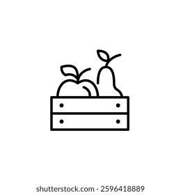 Apple and pear in wooden crate. Farmers fruits and vegetables. Eco groceries. Pixel perfect, editable stroke vector icon