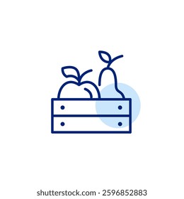 Apple and pear in wooden crate. Farmers fruits and vegetables. Eco groceries. Pixel perfect, editable stroke vector icon