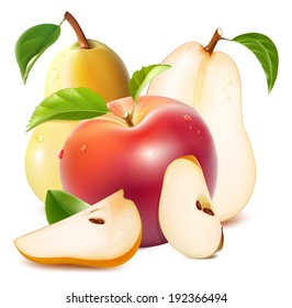 Apple and pears with slices, green leaves and drops of water. Photo-realistic vector illustration. 