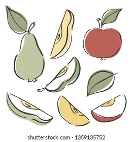 Apple, pears vector. Sketch fruits isolated on white background. Hand drawn pears and apples, cut fruits vector elements