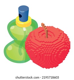 Apple perfume icon isometric vector. Bottle of perfume and red pixel apple icon. Parfum de toilette, scent concept, perfumery - Powered by Shutterstock - Get 15% off with code: PIKWIZARD15