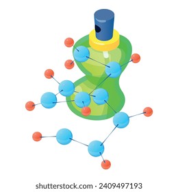 Icono de perfume de Apple vector isométrico. Frasco de nuevo símbolo de perfume y molécula. Concepto de aroma, perfumería