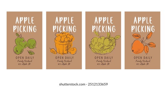 Apple picking card design, decorated with hand drawn doodle drawings of fresh ripe apples