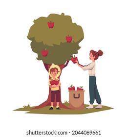 Apple picking - cartoon woman and child in garden harvesting fruit from tree. Vector illustration of mother and son at summer harvest, collecting apples into basket.