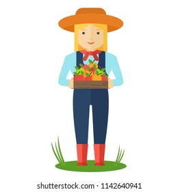 Apple picking. Farmer woman in the garden with boxes of apples in his hands. Farmers characters. Flat vector cartoon illustration. Objects isolated ongreen background.