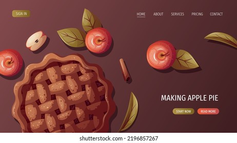 Apple Pie and apples. Food, cooking, recipes, healthy eating, baking, cake, thanksgiving day concept. Vector illustration. Website, banner template.