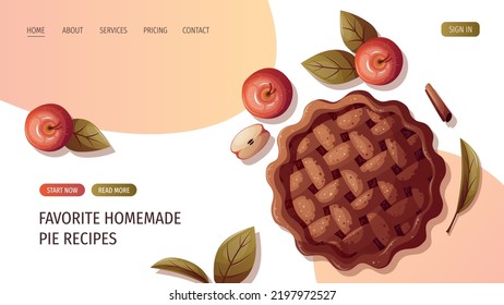 Apple Pie y manzanas. Comida, cocina, recetas, comida saludable, horneado, pastel, concepto de día de acción de gracias. Ilustración vectorial. Sitio web, plantilla de banner.