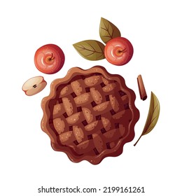 Apple Pie and apples. Food, cooking, recipes, healthy eating, baking, cake, thanksgiving day concept. Vector illustration.