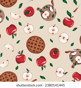 Apple pie and apples vector seamless illustration pattern autumn vintage 