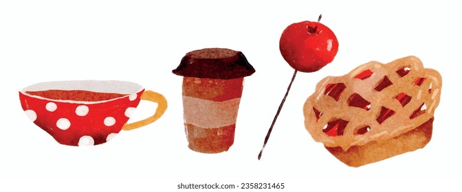 Apple pie, autumn delicious food, vector. Coffee, tea, pie, caramel apple. Warm autumn and winter collection. Fall cozy vibes. Colorful watercolor illustrations