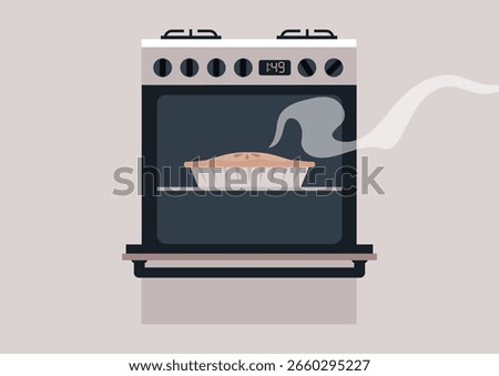 Apple pie bakes in an open oven, releasing fragrant steam that fills the kitchen, The warm tones of the oven create a comforting atmosphere perfect for baking