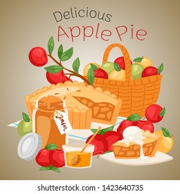 Apple pie banner vector illustration. Apple basket with jar of honey and bottle of jam. Delicious cake with ice-cream on top. Fresh and organic food. Apple of different color.