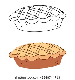 Apple pie. Black and white and color clipart vector illustration.