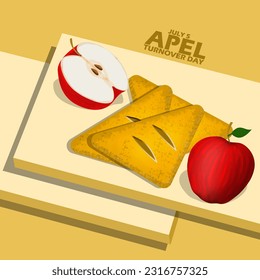 Apple pie cake with fresh apples on wooden plate and bold text on light brown background to celebrate National Apple Turnover Day on July 5