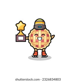 apple pie cartoon as an ice skating player hold winner trophy , cute style design for t shirt, sticker, logo element