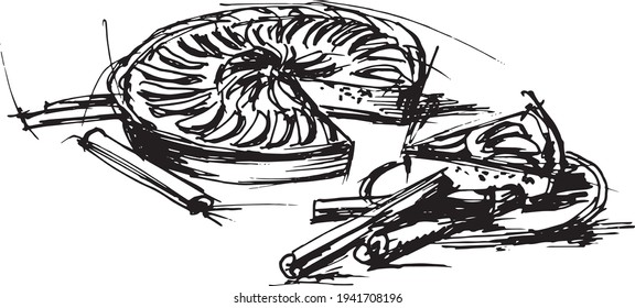 Apple pie with cinnamon, black and white hand drawing, sketch