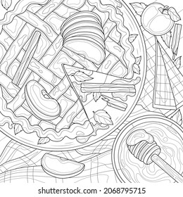 Pastel de manzana con canela y miel. Antirestrés para libros coloreados para niños y adultos. Ilustración aislada sobre fondo blanco. Estilo zenano-margino. Dibujo manual

