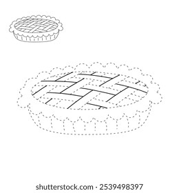 Pastel de manzana para colorear para niños. Trazo y color pastel de manzana. Una comida dulce del día de acción de gracias del pastel de manzana aislada en el fondo blanco. Hojas de trabajo de jardín de infantes y preescolar imprimibles para niños. 