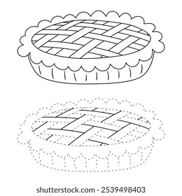 Pastel de manzana para colorear para niños. Trazo y color pastel de manzana. Una comida dulce del día de acción de gracias del pastel de manzana aislada en el fondo blanco. Hojas de trabajo de jardín de infantes y preescolar imprimibles para niños. 