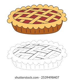 Pastel de manzana para colorear para niños. Trazo y color pastel de manzana. Una comida dulce del día de acción de gracias del pastel de manzana aislada en el fondo blanco. Hojas de trabajo de jardín de infantes y preescolar imprimibles para niños. 