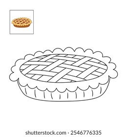 Pastel de manzana para colorear para niños. Trazo y color pastel de manzana. Una comida dulce del día de acción de gracias del pastel de manzana aislada en el fondo blanco. Hojas de trabajo de jardín de infantes y preescolar imprimibles para niños. 