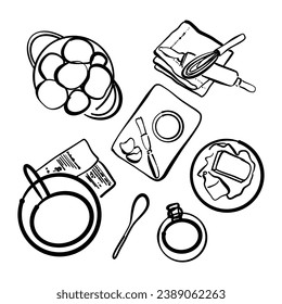 Apple pie cooking doodle. recipes template with vegetables and kitchenware. Top view sketches cooking items on white background. 