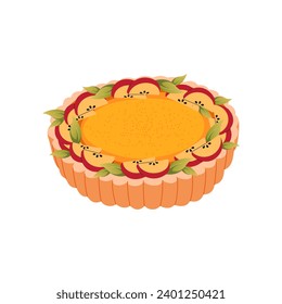 Apple pie decorated with with apple slices. Christmas and Holiday sweet cake. Apple charlotte. Tasty sweet desserts. Illustration for recipe cookbook, banner, postcard, menu. Vector flat illustration.