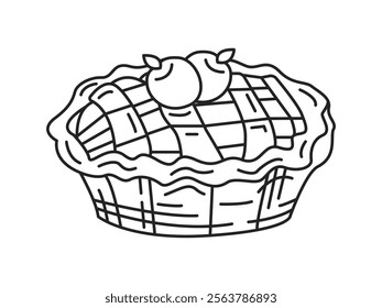 Apple pie doodle sketch. Hand drawn pie with cherry. Pie icon vector illustration. Editable stroke