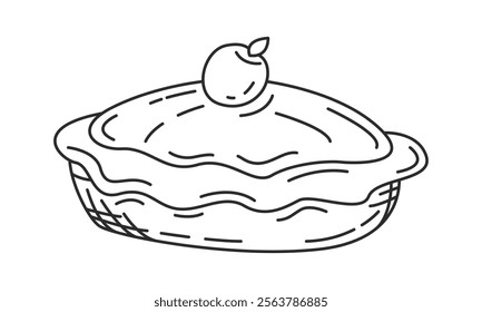 Apple pie drawing. Pie cake with cherry topping sketch doodle style. Editable stroke