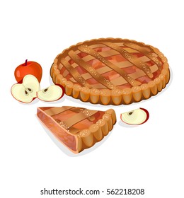 Apple Pie With Fruits, Cut Slice Isolated. Traditional Homemade Tasty Cake.