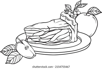 Apple pie hand drawn line art, cottagecore traditional apple pie slice with flowers and apple