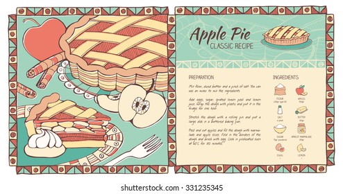 Apple pie hand drawn recipe with preparation procedure and ingredients