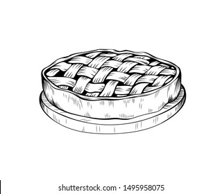 Apple pie hand drawn vector illustration. Autumn season holiday, thanksgiving day sketch symbol. Traditional homemade baking with delicious filling monochrome drawing. Pastry shop, bakery logotype