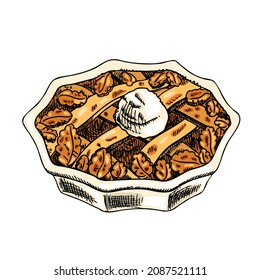 Apple pie hand-drawn vector illustration.  Traditional Thanksgiving and Christmas dinner crumble cake. Vector sketch illustration.