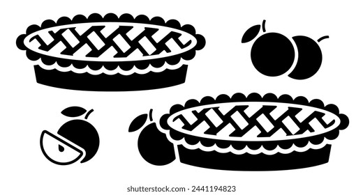 Apple pie icon, black silhouette on white. Whole uncut cake with crust decorated with lattice. Vector stencil clipart, minimalist design sign or logo, illustration of bakery and traditional dessert.