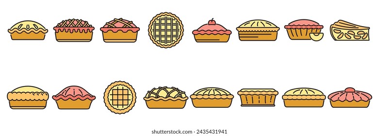 Apple pie icons set outline vector. Food dessert. American apple color line isolated