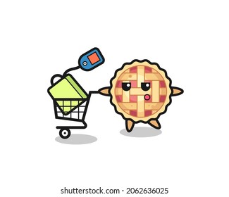 apple pie illustration cartoon with a shopping cart , cute style design for t shirt, sticker, logo element