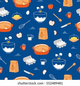 Apple pie ingredients seamless pattern on blue background