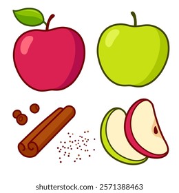 Apple pie ingredients set. Green and red sliced apples, cinnamon stick and spices. Isolated cartoon vector illustration.