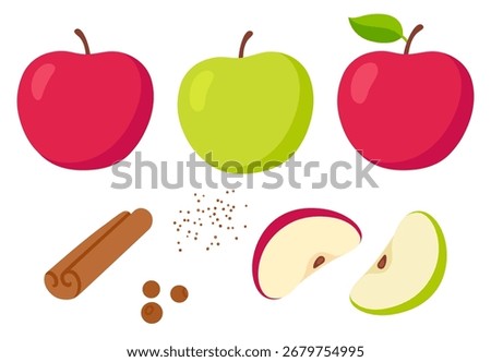 Apple pie ingredients set. Green and red sliced apples, cinnamon stick and spices. Isolated cartoon vector illustration.