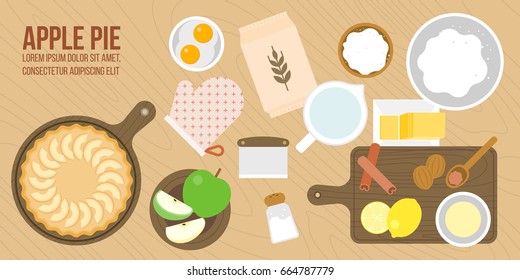 apple pie and ingredients, utensils in aerial view such as rolling pin, apple, nutmeg, cinnamon, wooden tray plate, lemon juice, sugar,flat design for cover, banner or poster