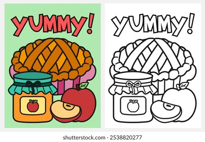 Apple pie and jam coloring page for kids, autumn, fall coloring pages for kids