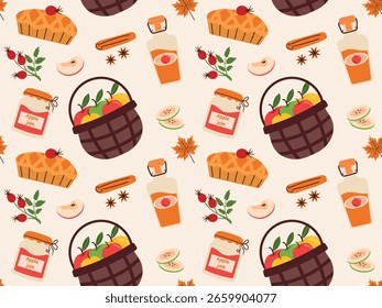 Apple pie, jam, apple compote or juice on seamless pattern.