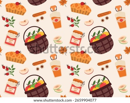 Apple pie, jam, apple compote or juice on seamless pattern.