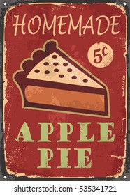 Apple pie old poster design with piece of homemade cake on vintage red background. Vector illustration.